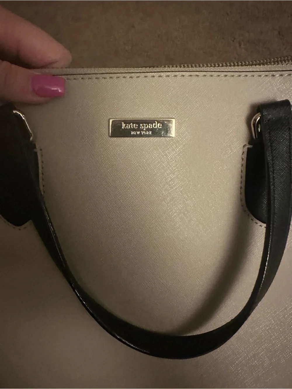 kate spade Beige and Black Satchel with Gold Logo Plate